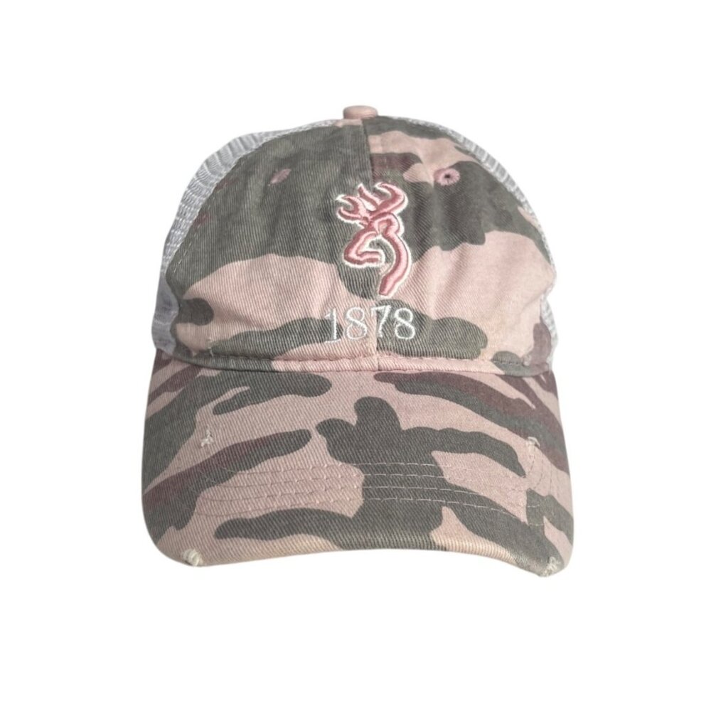 Browning Camo Trucker Hat Mesh Back Pink Gray Embroidered Logo Adjustable